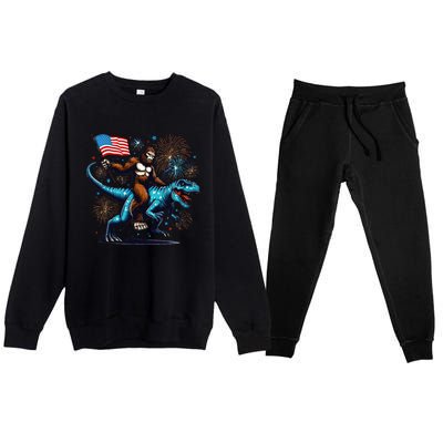 Bigfoot Fireworks Riding A Trex With Usa Flag Premium Crewneck Sweatsuit Set