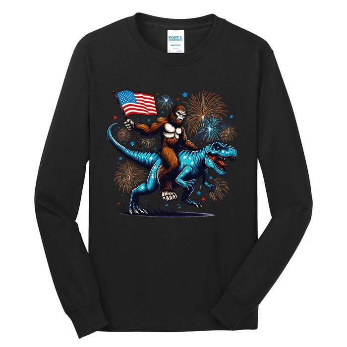 Bigfoot Fireworks Riding A Trex With Usa Flag Tall Long Sleeve T-Shirt