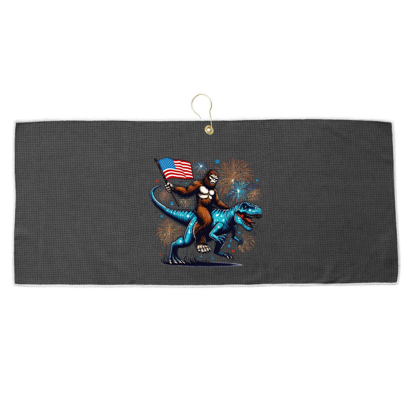 Bigfoot Fireworks Riding A Trex With Usa Flag Large Microfiber Waffle Golf Towel