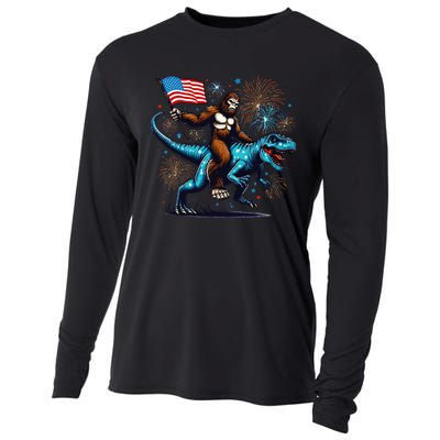 Bigfoot Fireworks Riding A Trex With Usa Flag Cooling Performance Long Sleeve Crew