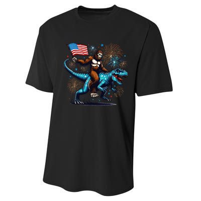 Bigfoot Fireworks Riding A Trex With Usa Flag Performance Sprint T-Shirt