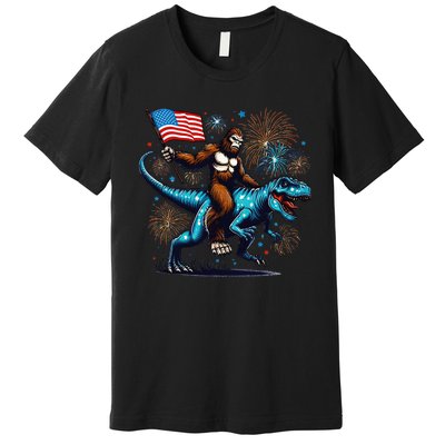 Bigfoot Fireworks Riding A Trex With Usa Flag Premium T-Shirt