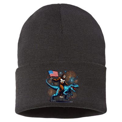 Bigfoot Fireworks Riding A Trex With Usa Flag Sustainable Knit Beanie