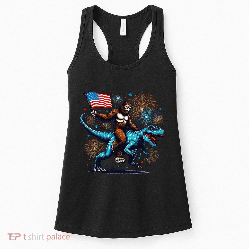 Bigfoot Fireworks Riding A Trex With Usa Flag Womens Tank Top