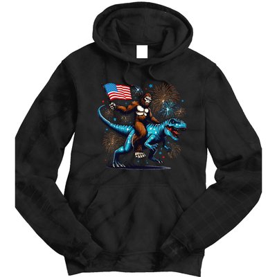 Bigfoot Fireworks Riding A Trex With Usa Flag Tie Dye Hoodie