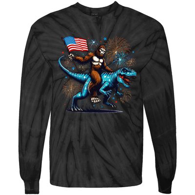 Bigfoot Fireworks Riding A Trex With Usa Flag Tie-Dye Long Sleeve Shirt