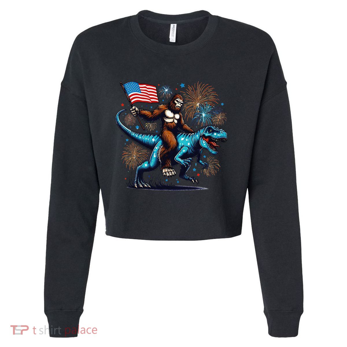 Bigfoot Fireworks Riding A Trex With Usa Flag Cropped Pullover Crew