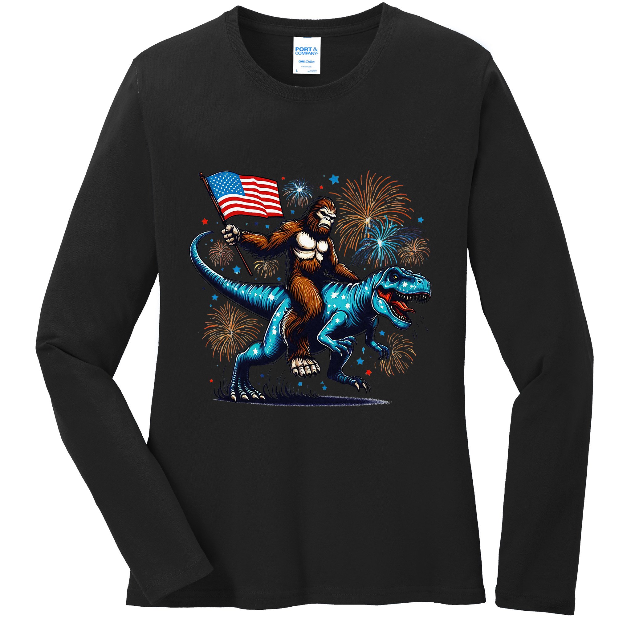 Bigfoot Fireworks Riding A Trex With Usa Flag Ladies Long Sleeve Shirt