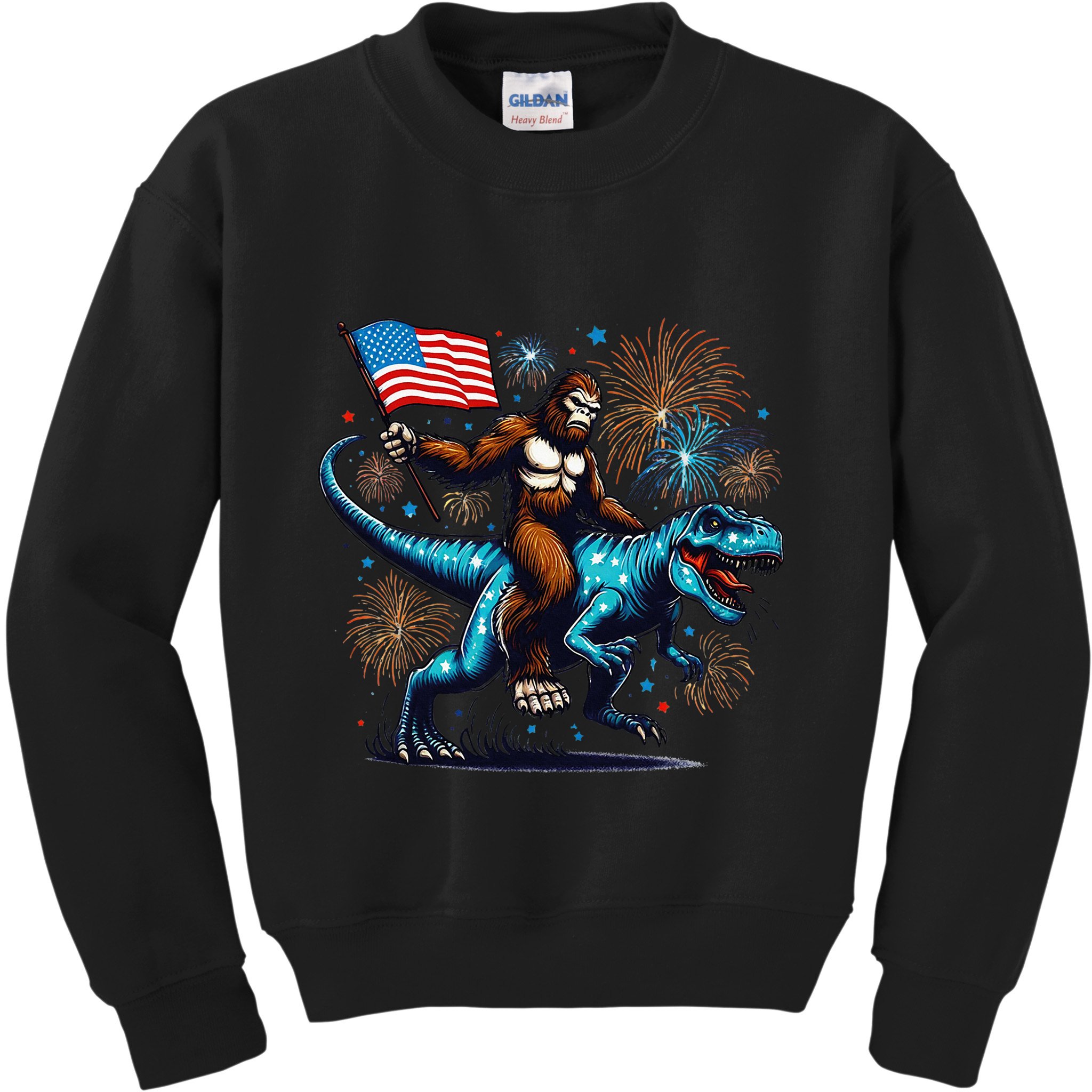 Bigfoot Fireworks Riding A Trex With Usa Flag Kids Sweatshirt