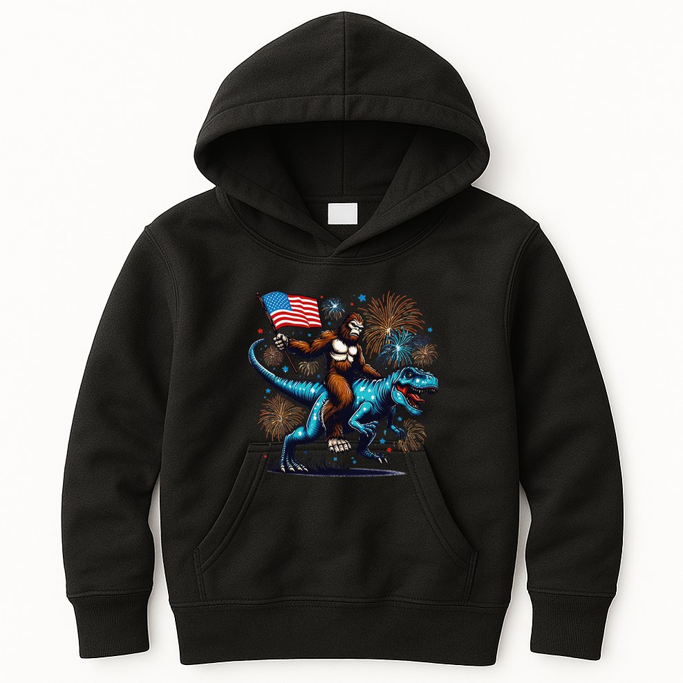 Bigfoot Fireworks Riding A Trex With Usa Flag Kids Hoodie