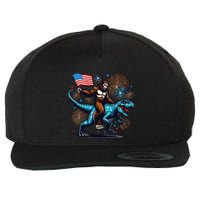 Bigfoot Fireworks Riding A Trex With Usa Flag Wool Snapback Cap