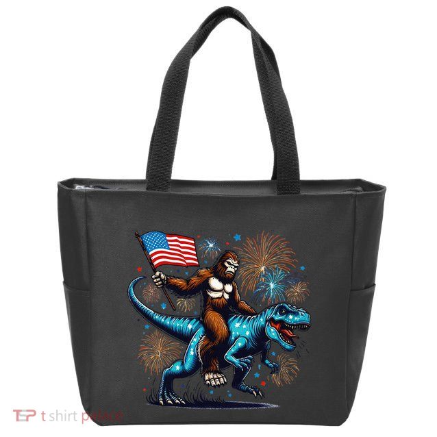 Bigfoot Fireworks Riding A Trex With Usa Flag Zip Tote Bag