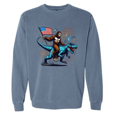 Bigfoot Fireworks Riding A Trex With Usa Flag Garment-Dyed Sweatshirt