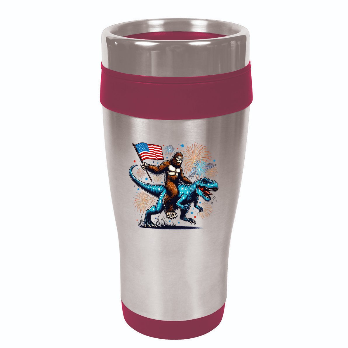 Bigfoot Fireworks Riding A Trex With Usa Flag 16oz Travel Tumbler