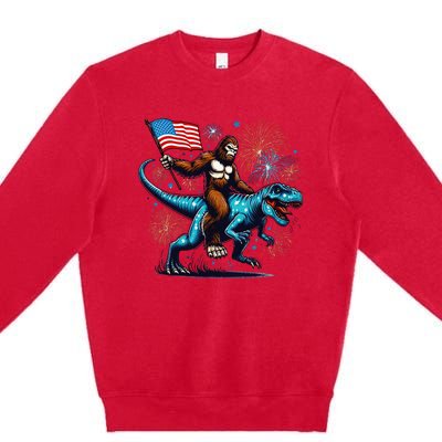 Bigfoot Fireworks Riding A Trex With Usa Flag Premium Crewneck Sweatshirt