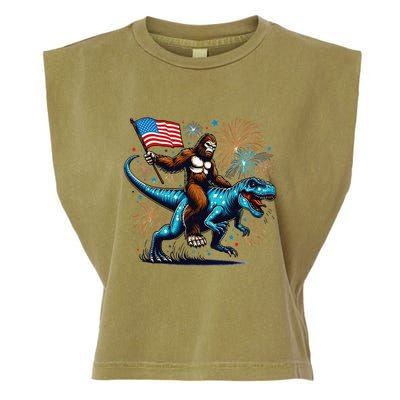 Bigfoot Fireworks Riding A Trex With Usa Flag Garment-Dyed Women's Muscle Tee