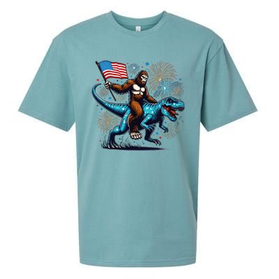 Bigfoot Fireworks Riding A Trex With Usa Flag Sueded Cloud Jersey T-Shirt