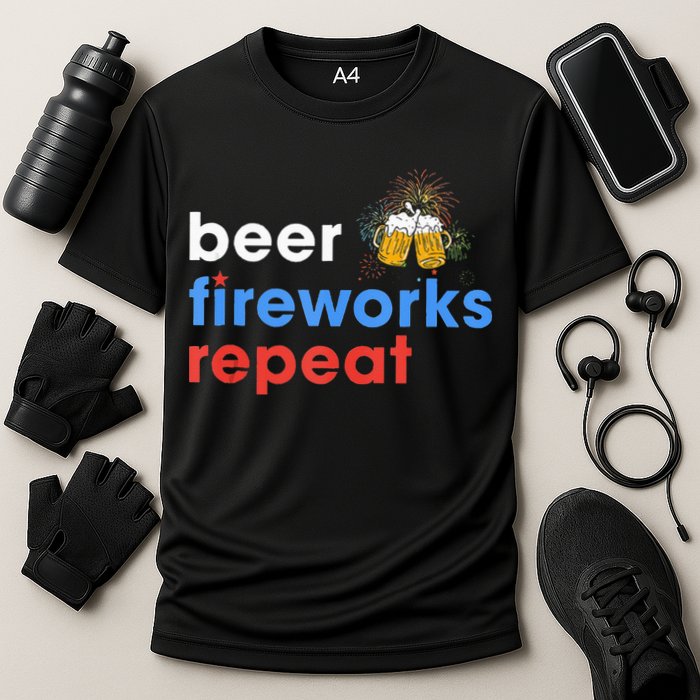Beer Fireworks Repeat Funny 4th Of July Beer Lovers Gifts Cooling Performance Crew T-Shirt