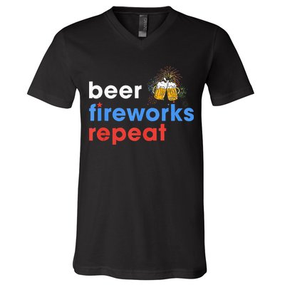 Beer Fireworks Repeat Funny 4th Of July Beer Lovers Gifts V-Neck T-Shirt