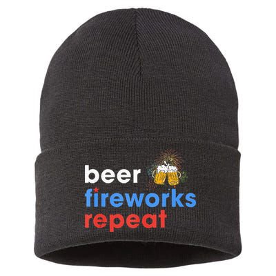 Beer Fireworks Repeat Funny 4th Of July Beer Lovers Gifts Sustainable Knit Beanie