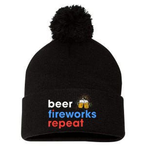 Beer Fireworks Repeat Funny 4th Of July Beer Lovers Gifts Pom Pom 12in Knit Beanie