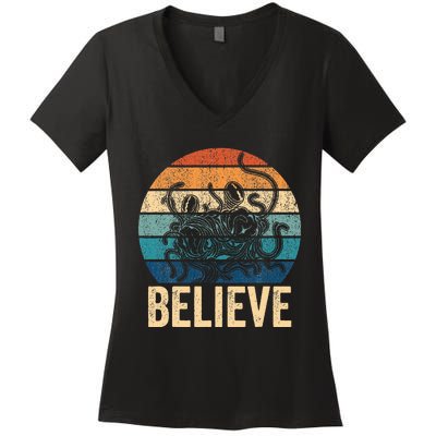 Believe Flying Spaghetti Monster Fsm Pastafari Pastafarian Women's V-Neck T-Shirt