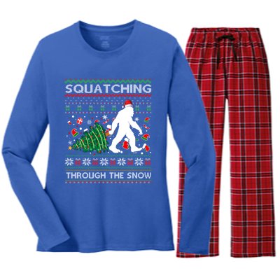 Big Foot Squatching Through The Snow Sasquatches Christmas Gift Women's Long Sleeve Flannel Pajama Set 