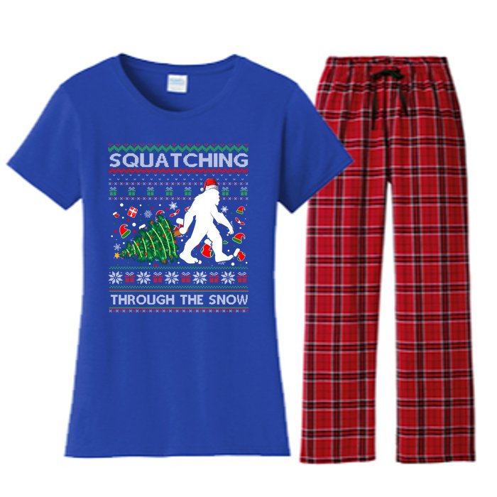 Big Foot Squatching Through The Snow Sasquatches Christmas Gift Women's Flannel Pajama Set