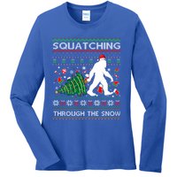 Big Foot Squatching Through The Snow Sasquatches Christmas Gift Ladies Long Sleeve Shirt