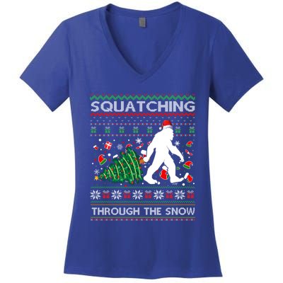 Big Foot Squatching Through The Snow Sasquatches Christmas Gift Women's V-Neck T-Shirt