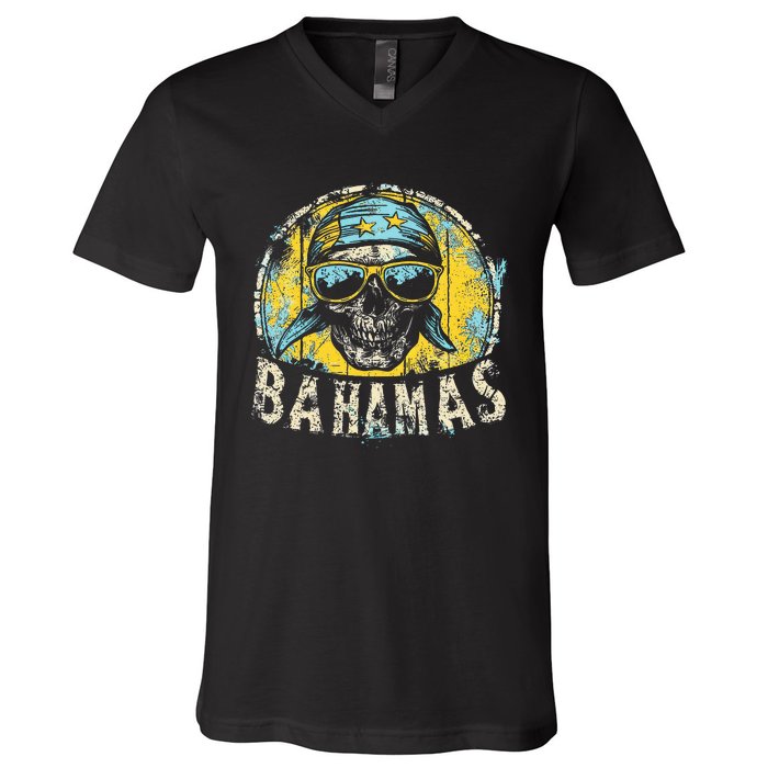 Bahamas Flag Skull Skeleton Vintage Country Cruise Family V-Neck T-Shirt