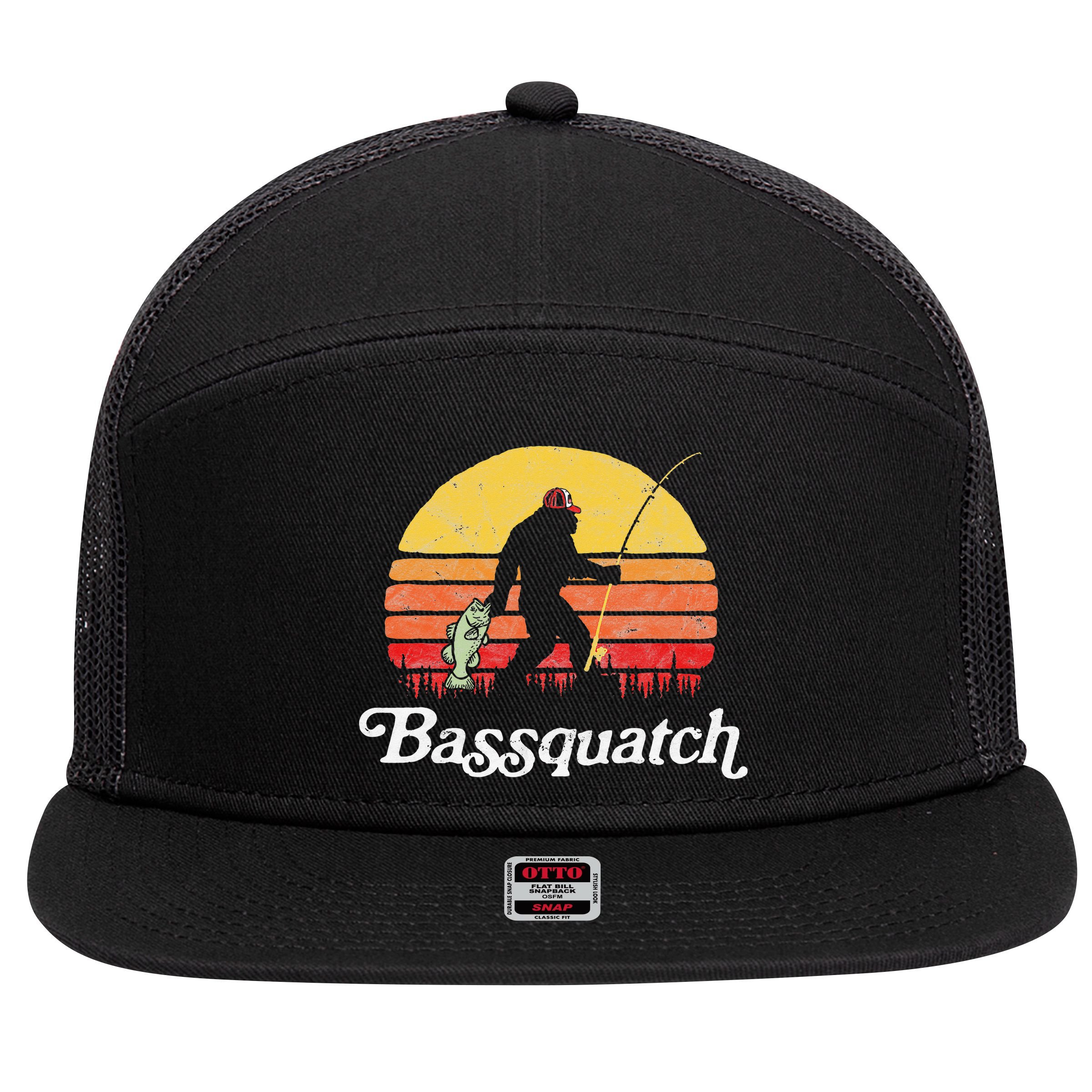 Bigfoot Fishing Shirt Funny Retro Sasquatch Dad 7 Panel Mesh Trucker Snapback Hat