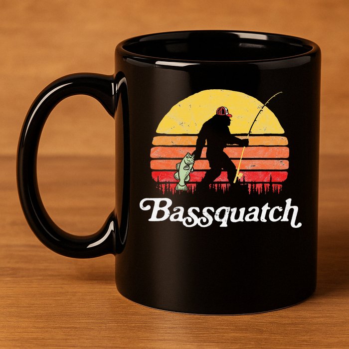 Bigfoot Fishing Shirt Funny Retro Sasquatch Dad 11oz C Handle Ceramic Mug