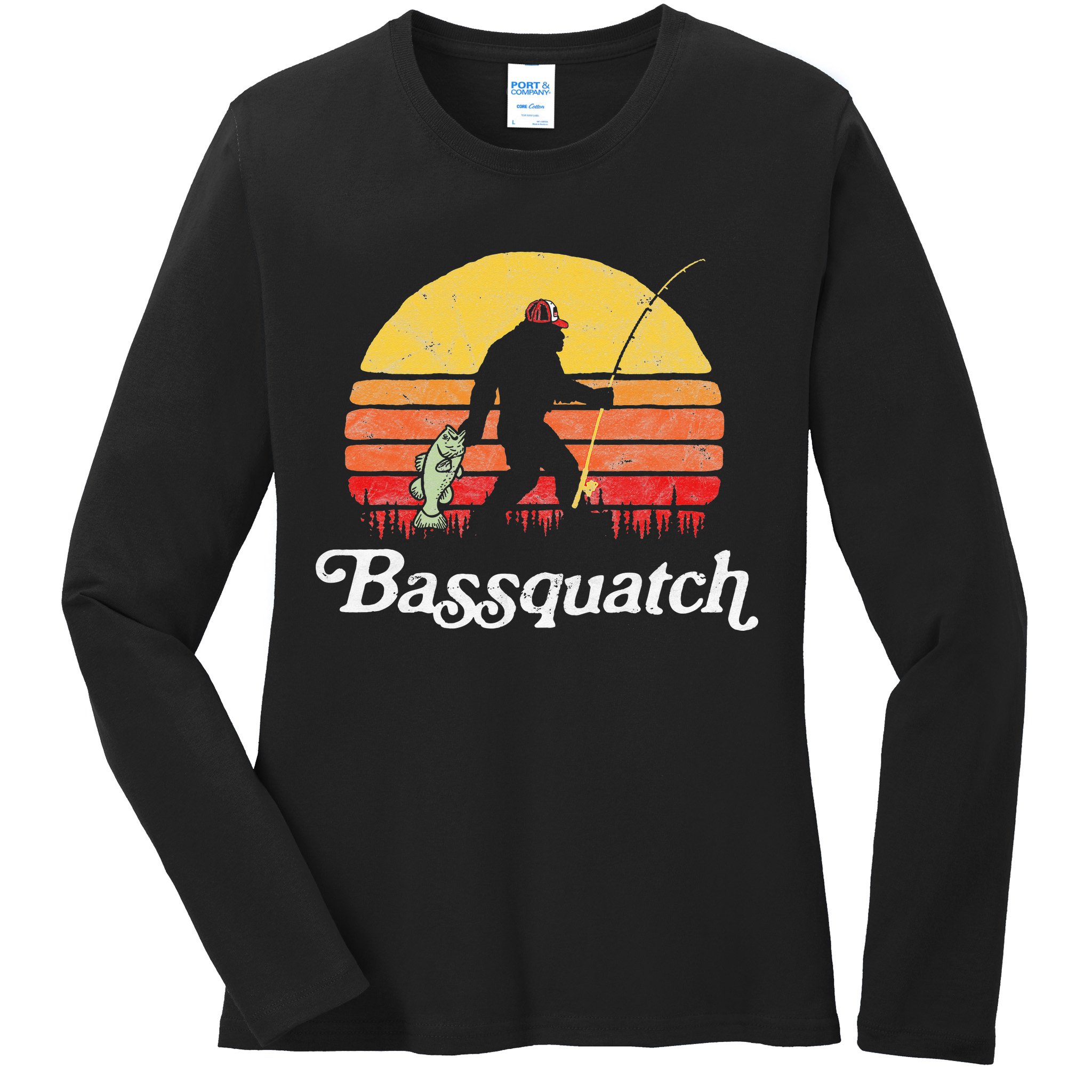 Bigfoot Fishing Shirt Funny Retro Sasquatch Dad Ladies Long Sleeve Shirt