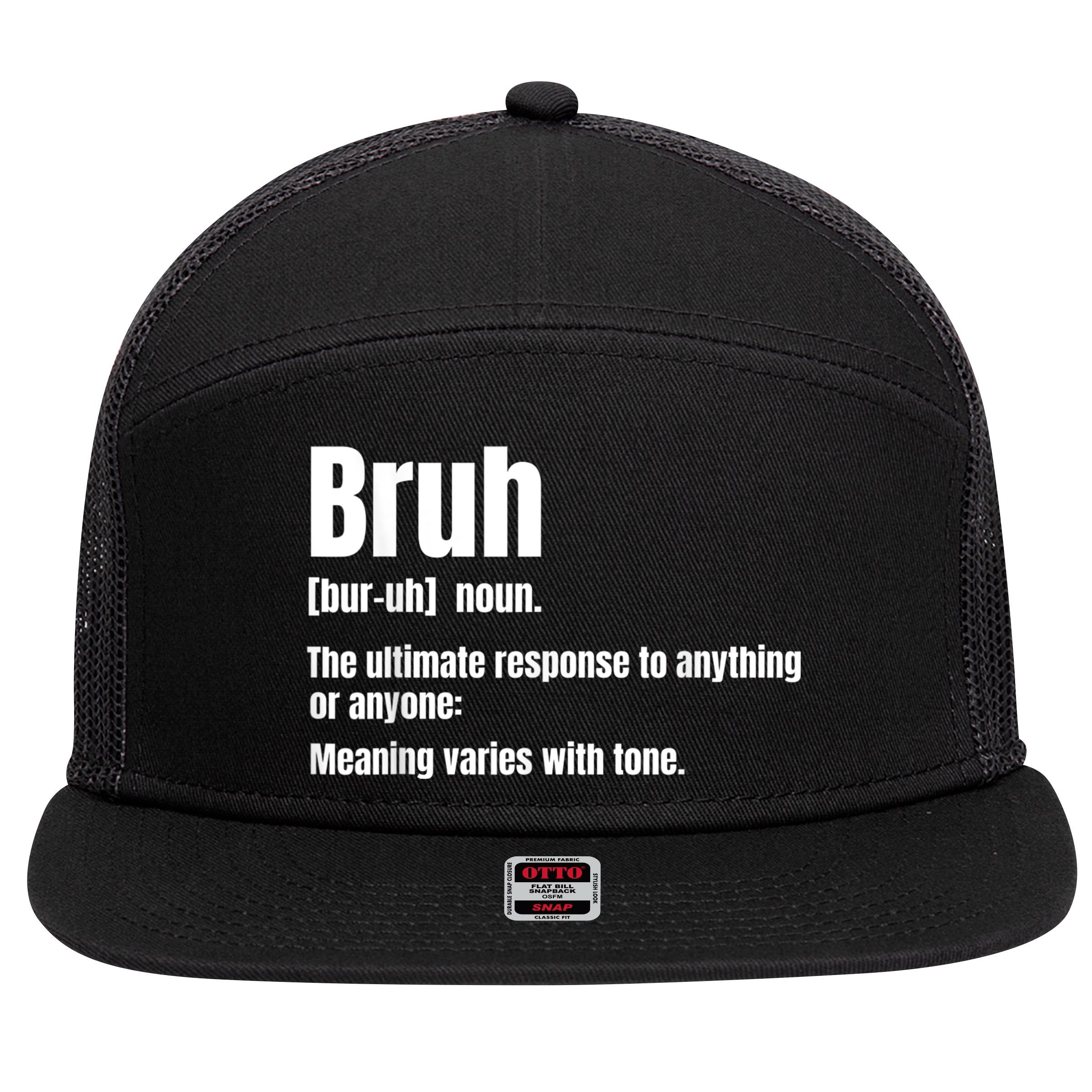 Bruh Funny Saying Sarcastic Novelty Letter Graphic Casual 7 Panel Mesh Trucker Snapback Hat