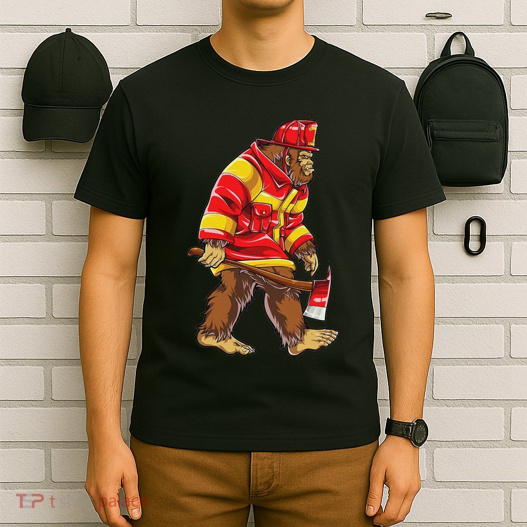 Bigfoot Firefighter Thin Red Line Sasquatch Lovers T-Shirt
