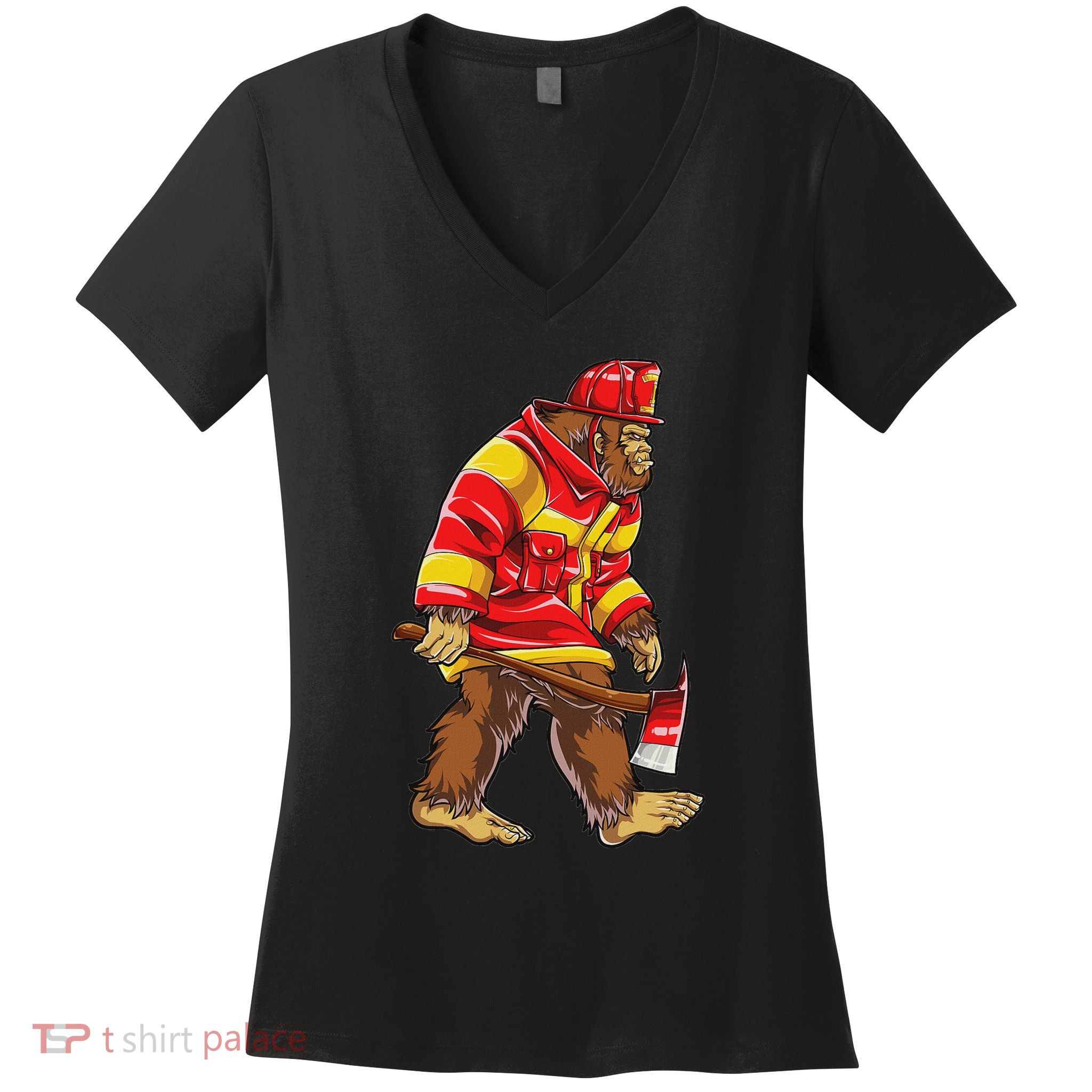 Bigfoot Firefighter Thin Red Line Sasquatch Lovers Women's V-Neck T-Shirt