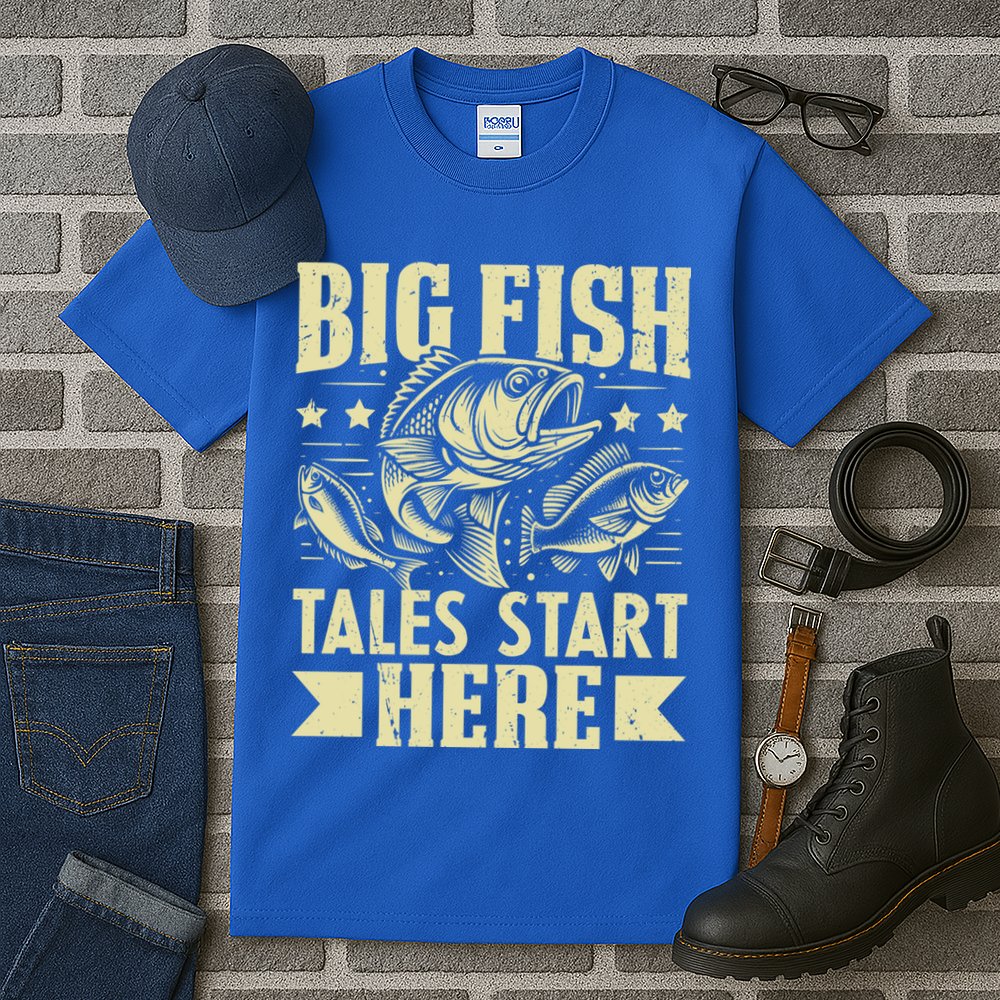 Big Fish Tales Start Here Fishing Gift Tall T-Shirt