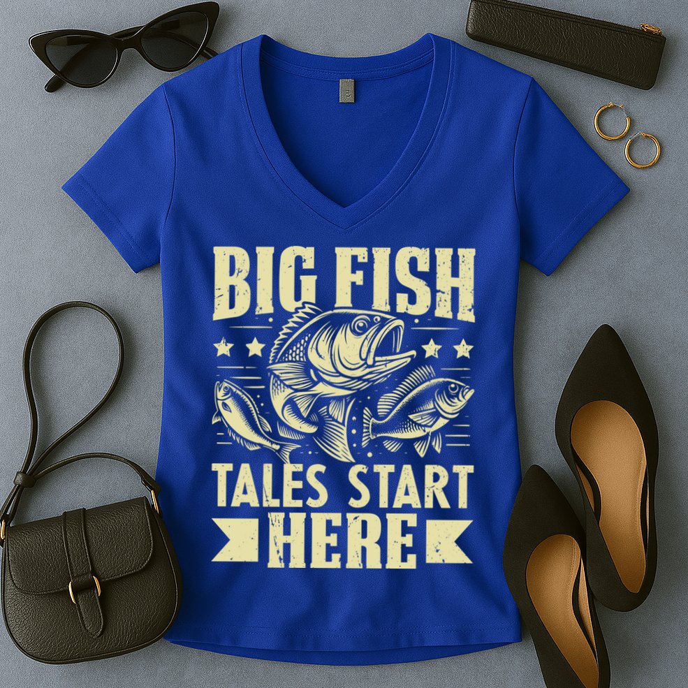 Big Fish Tales Start Here Fishing Gift Women's V-Neck T-Shirt