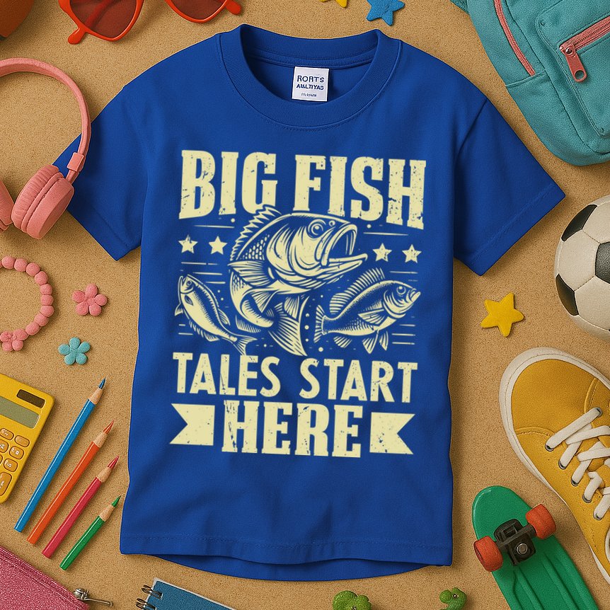 Big Fish Tales Start Here Fishing Gift Kids T-Shirt