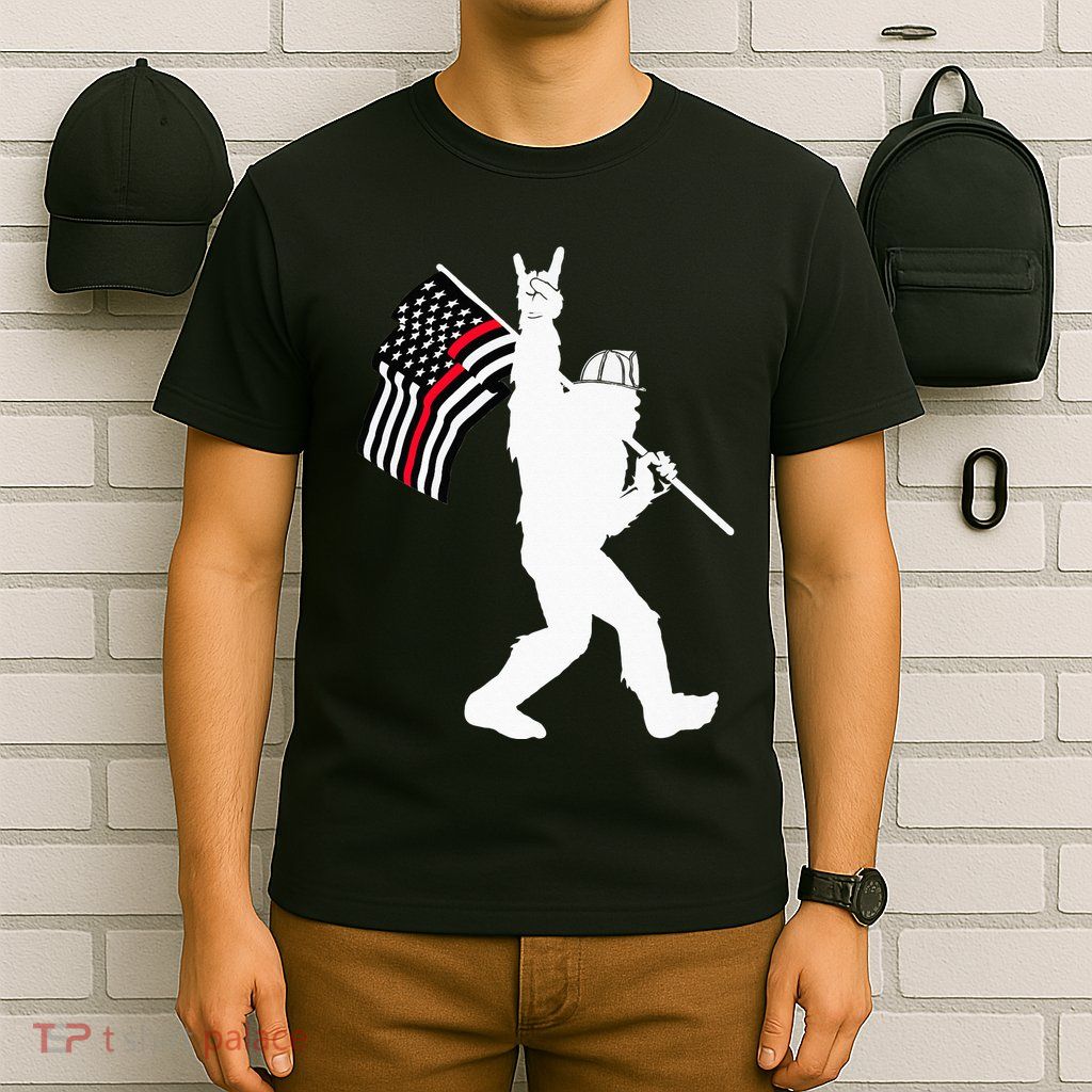 Bigfoot Firefighter Thin Red Line Flag For Dad And Mom T-Shirt