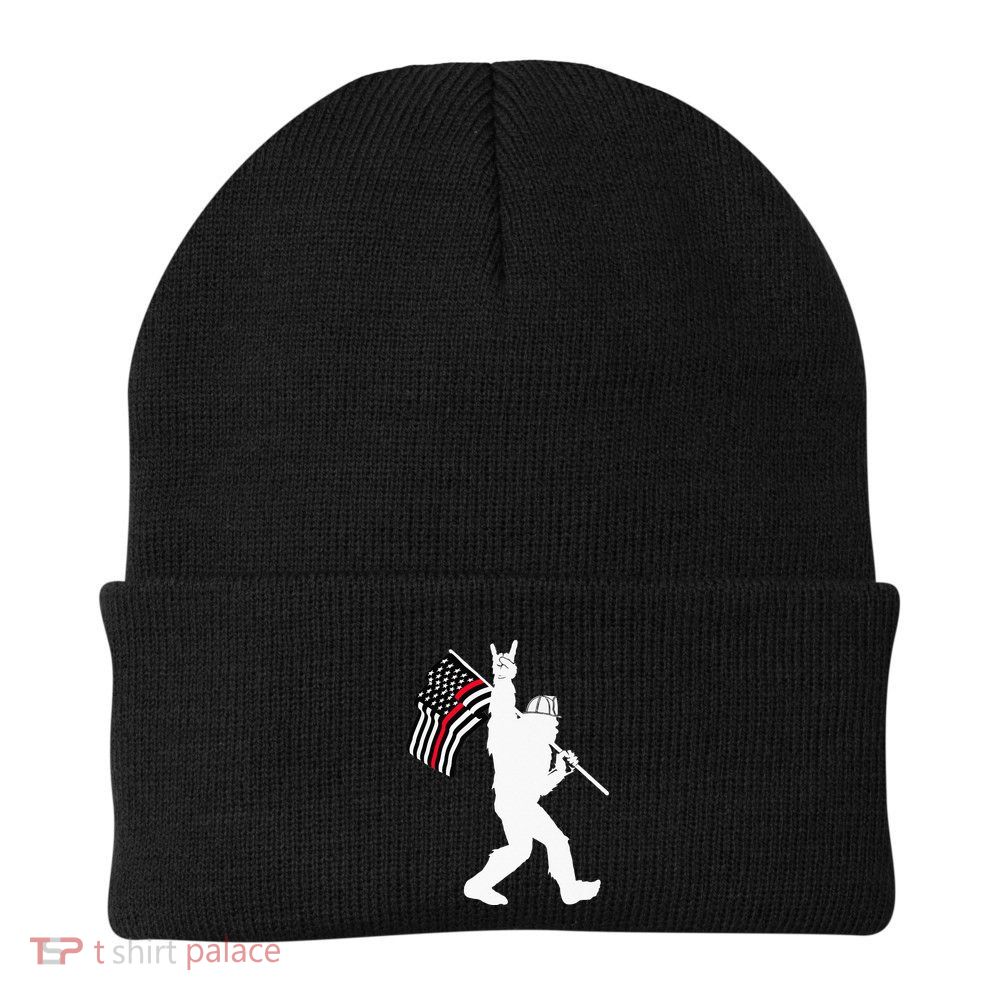 Bigfoot Firefighter Thin Red Line Flag For Dad And Mom Beanie