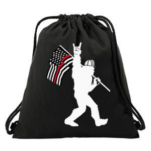 Bigfoot Firefighter Thin Red Line Flag For Dad And Mom Drawstring Bag