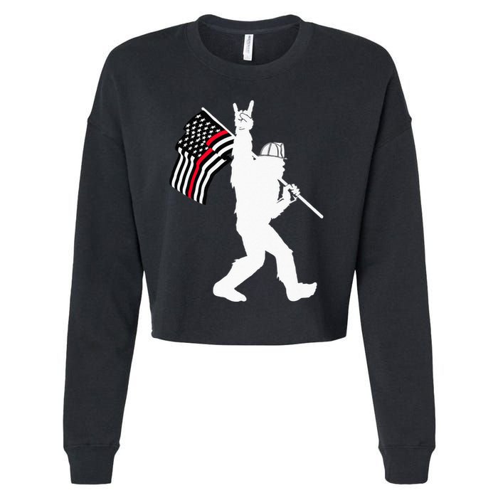 Bigfoot Firefighter Thin Red Line Flag For Dad And Mom Cropped Pullover Crew