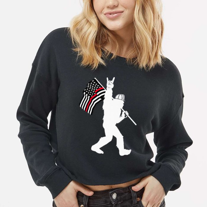 Bigfoot Firefighter Thin Red Line Flag For Dad And Mom Cropped Pullover Crew