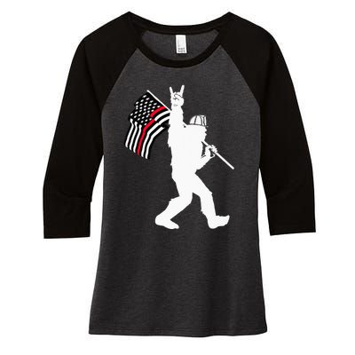 Bigfoot Firefighter Thin Red Line Flag For Dad And Mom Women's Tri-Blend 3/4-Sleeve Raglan Shirt