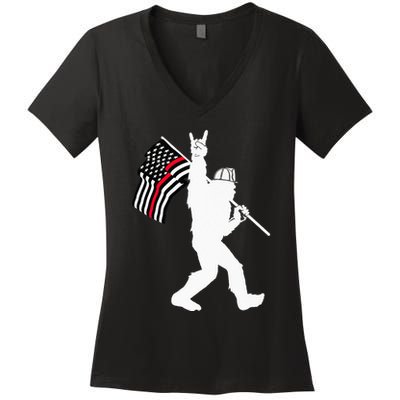 Bigfoot Firefighter Thin Red Line Flag For Dad And Mom Women's V-Neck T-Shirt