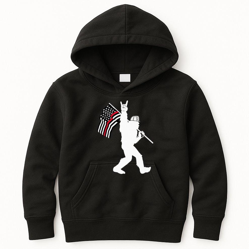 Bigfoot Firefighter Thin Red Line Flag For Dad And Mom Kids Hoodie