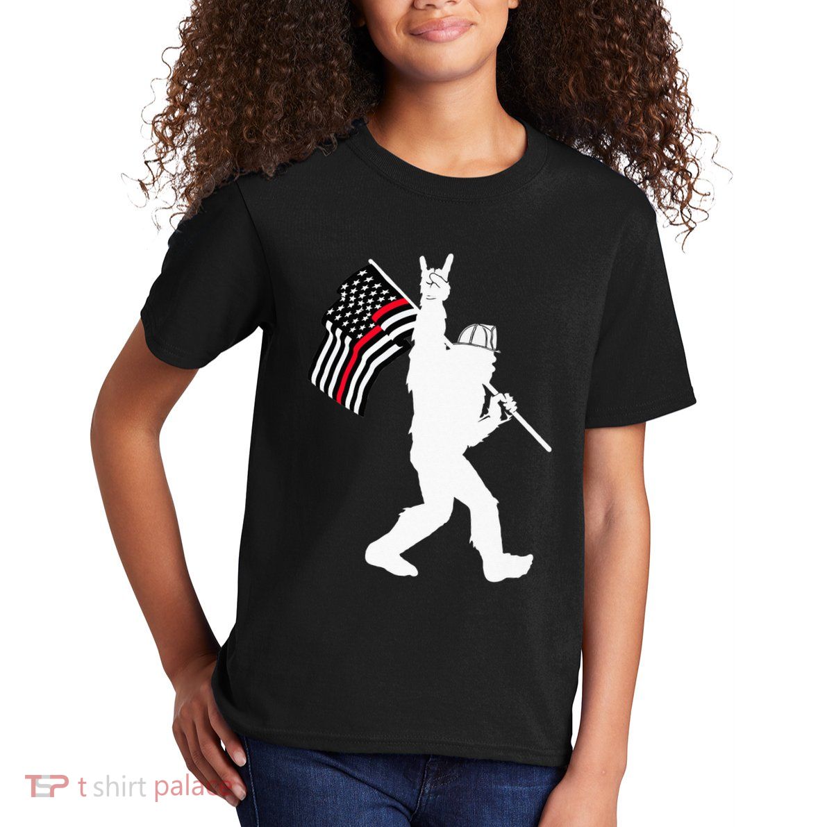 Bigfoot Firefighter Thin Red Line Flag For Dad And Mom Kids T-Shirt