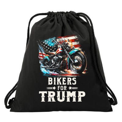 Bikers For Trump 2024 Motorcycle Patriotic American Flag Drawstring Bag